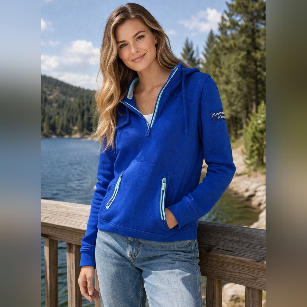 Abercrombie & Fitch Blue Half Zip Hoodie Neon Trim Y2K Medium M